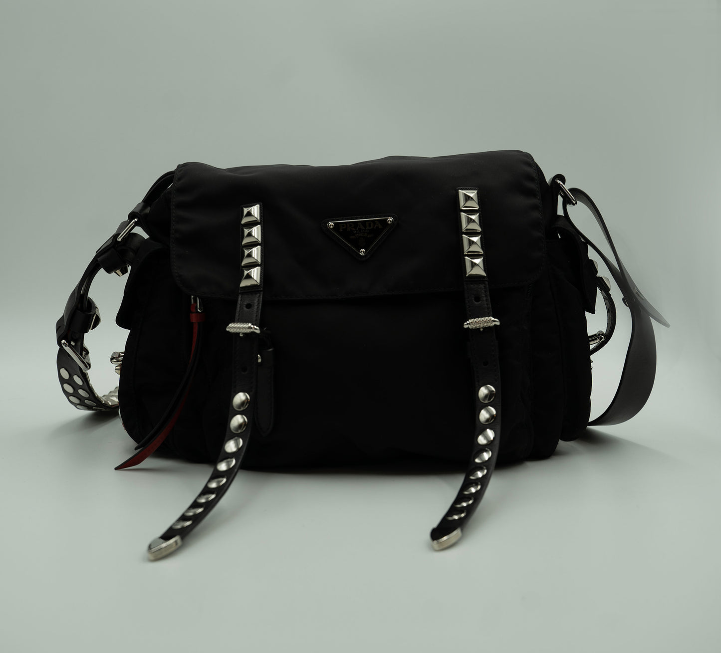 PRADA Black Nylon New Vela Studded Messenger Bag: Urban Style Meets Functionality"
