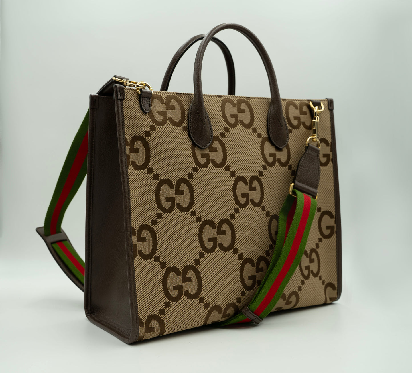 GUCCI Maximalist Jumbo Brown Canvas Shopper - Aria Collection | GG Tote with Web Shoulder Strap