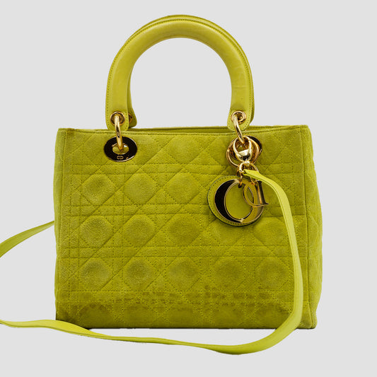 CHRISTIAN DIOR Lady Dior Sling - Lime Green Suede Neon Cannage, Medium Tote with Detachable Shoulder Strap