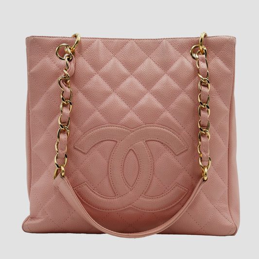 CHANEL Pink Caviar Leather CC Logo Petite Shopping Tote Bag