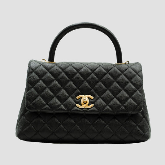 CHANEL Black Quilted Caviar Large Coco Top Handle Pale Gold Hardware