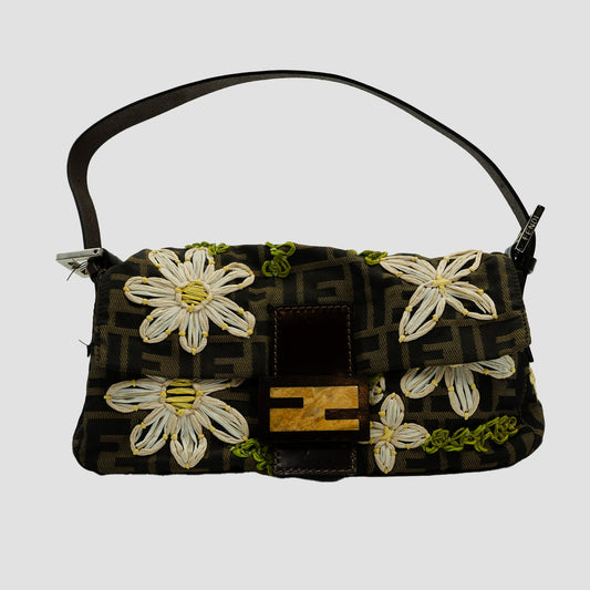 FENDI Monogram Daisy Baguette Shoulder Bag in Brown