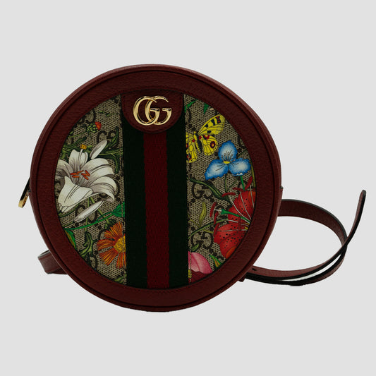 GUCCI Ophidia Supreme GG Canvas Floral Round Mini Backpack Bag with Red Trim