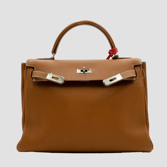 HERMES Clemence Leather Gold Kelly 28 Handbag