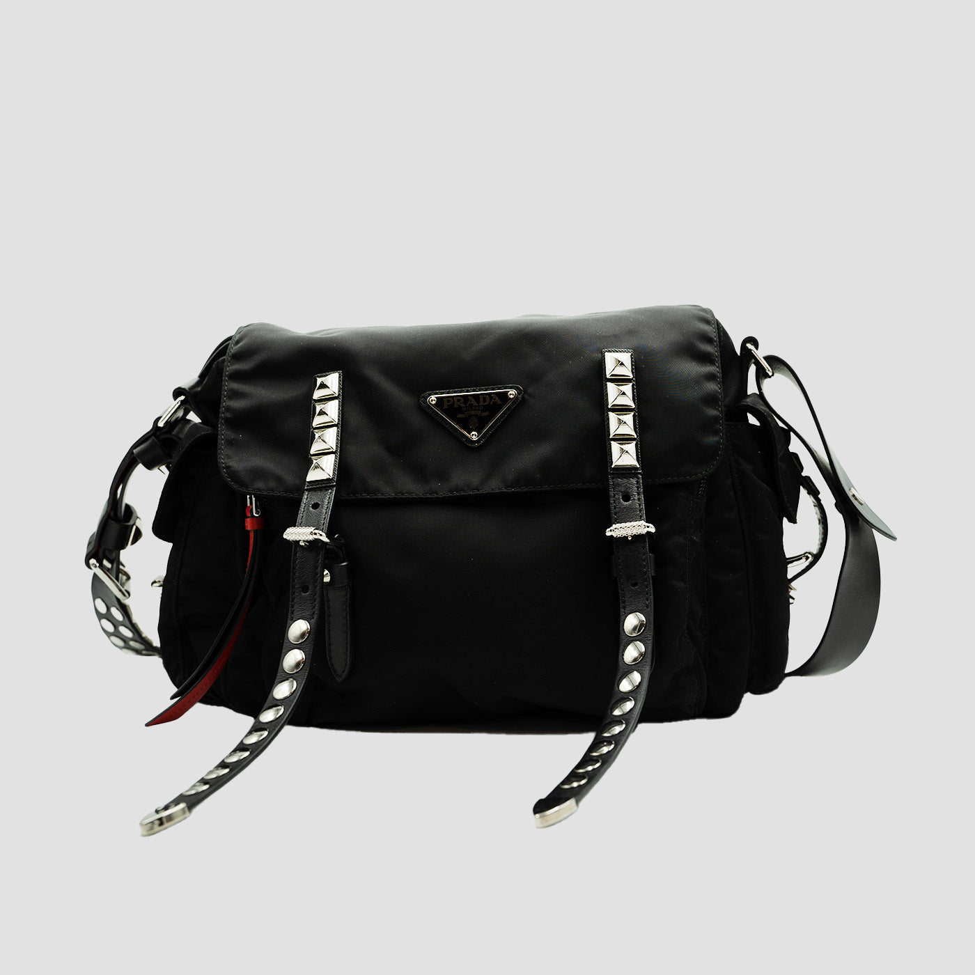 PRADA Black Nylon New Vela Studded Messenger Bag: Urban Style Meets Functionality"