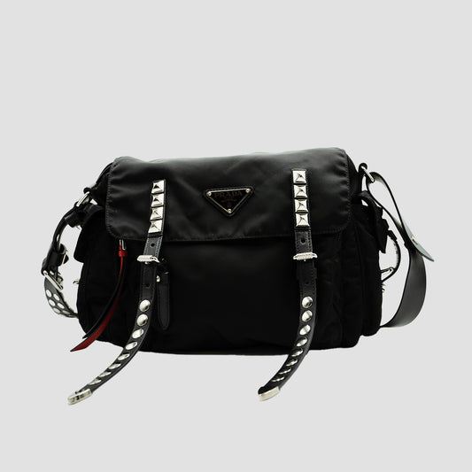 PRADA Black Nylon New Vela Studded Messenger Bag: Urban Style Meets Functionality"