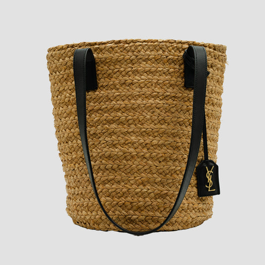 Yves Saint Laurent Plain Leather Logo Straw Bags