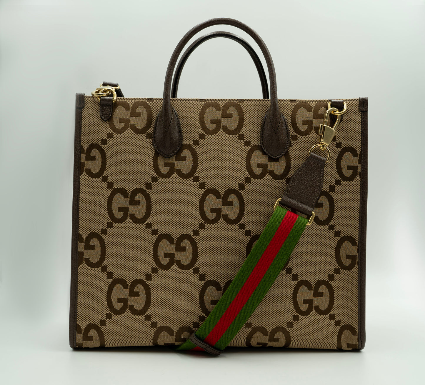 GUCCI Maximalist Jumbo Brown Canvas Shopper - Aria Collection | GG Tote with Web Shoulder Strap
