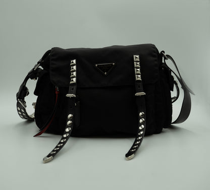 PRADA Black Nylon New Vela Studded Messenger Bag: Urban Style Meets Functionality"