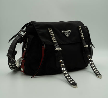 PRADA Black Nylon New Vela Studded Messenger Bag: Urban Style Meets Functionality"