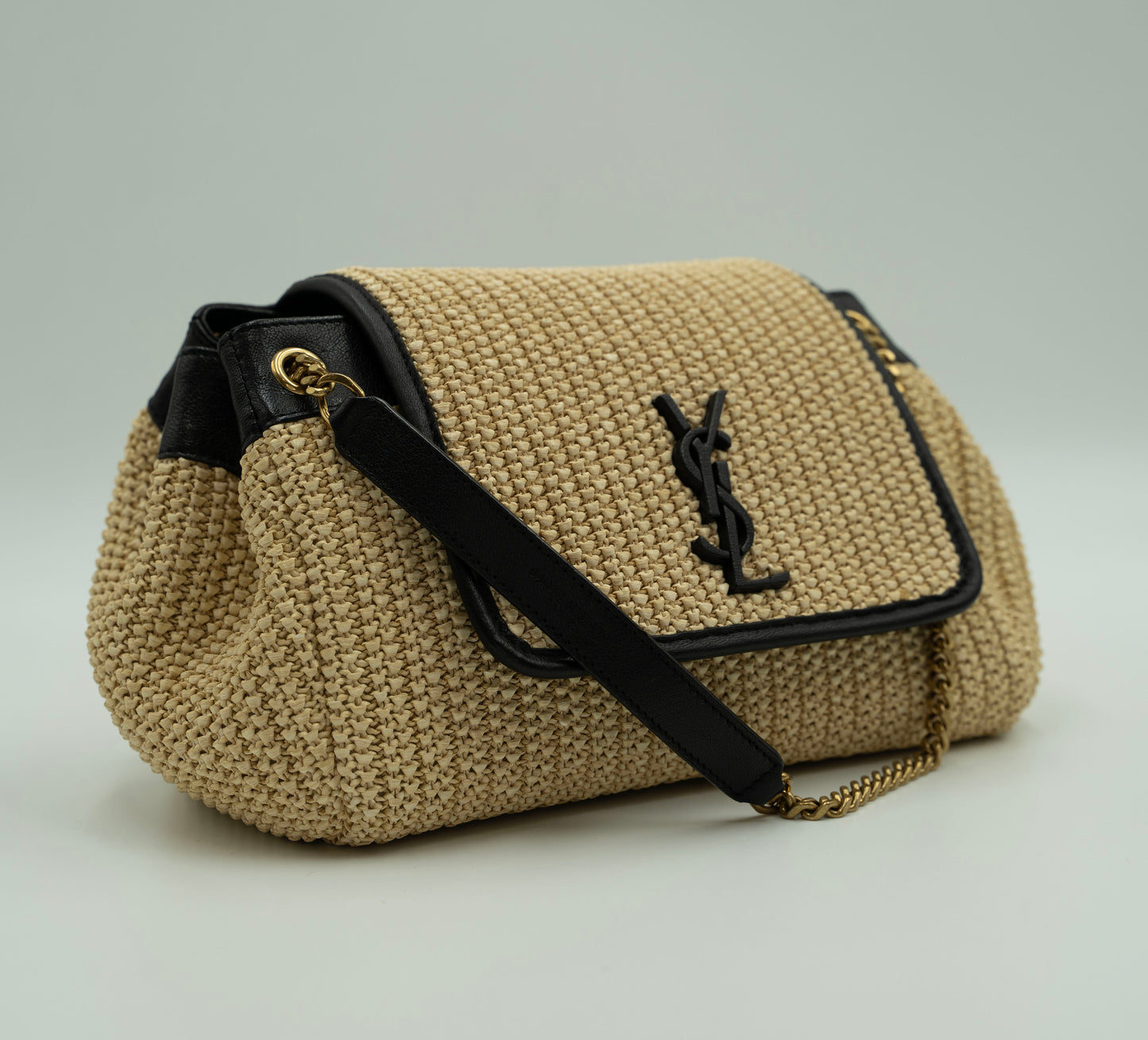 YSL Off White Mesh Sling - Raffia Calfskin Nolita Shoulder Bag