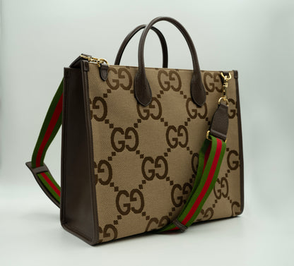 GUCCI Maximalist Jumbo Brown Canvas Shopper - Aria Collection | GG Tote with Web Shoulder Strap