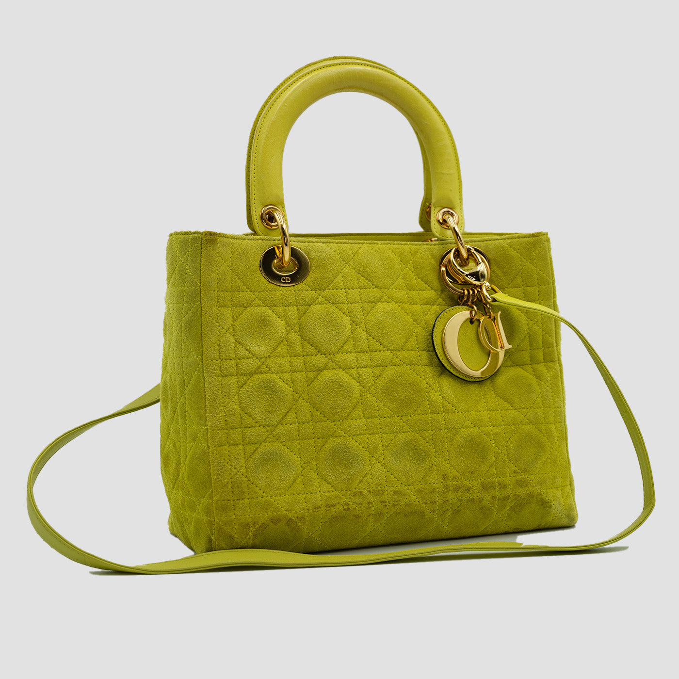 CHRISTIAN DIOR Lady Dior Sling - Lime Green Suede Neon Cannage, Medium Tote with Detachable Shoulder Strap