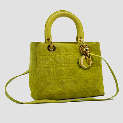 CHRISTIAN DIOR Lady Dior Sling - Lime Green Suede Neon Cannage, Medium Tote with Detachable Shoulder Strap