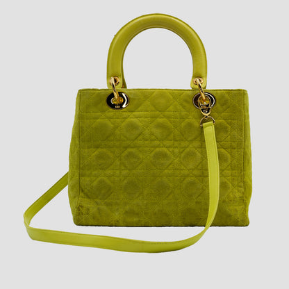 CHRISTIAN DIOR Lady Dior Sling - Lime Green Suede Neon Cannage, Medium Tote with Detachable Shoulder Strap
