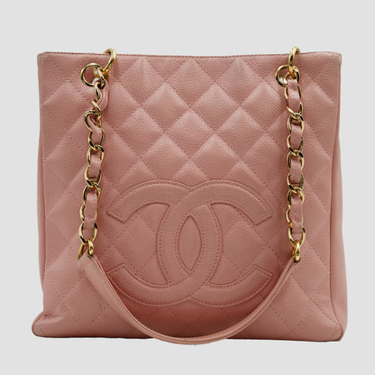 CHANEL Pink Caviar Leather CC Logo Petite Shopping Tote Bag