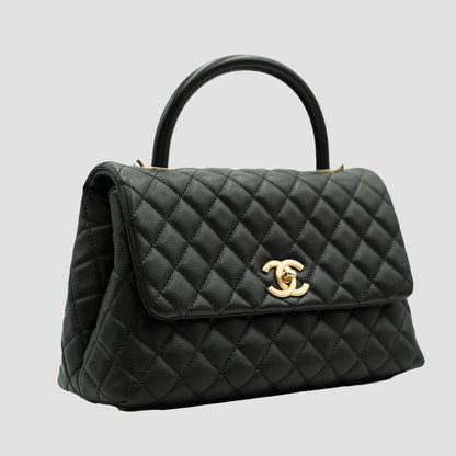 CHANEL Black Quilted Caviar Large Coco Top Handle Pale Gold Hardware