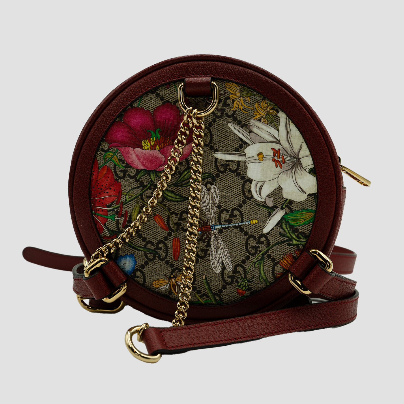 GUCCI Ophidia Supreme GG Canvas Floral Round Mini Backpack Bag with Red Trim